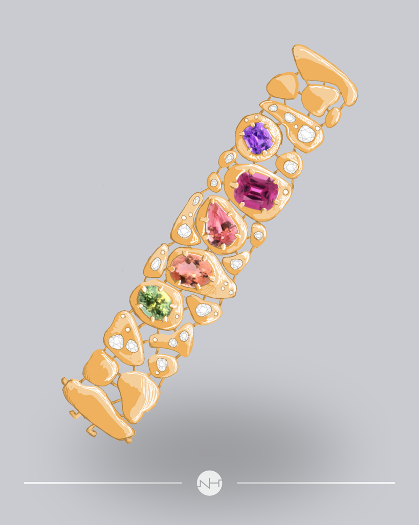 colored gemstone cobblestone bracelet with flush set old mine cut diamonds