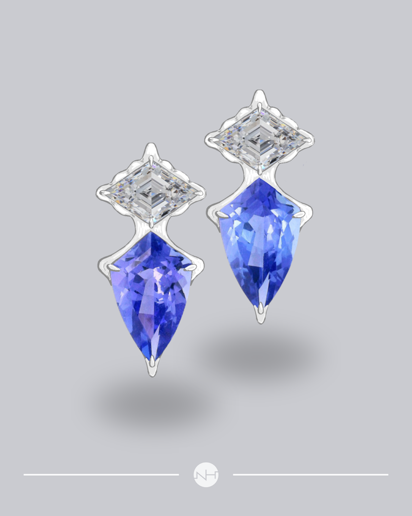 fancy cut kite, lozenge shaped diamonds paired with shield shaped tanzanite gemstones drops set together in white gold earrings