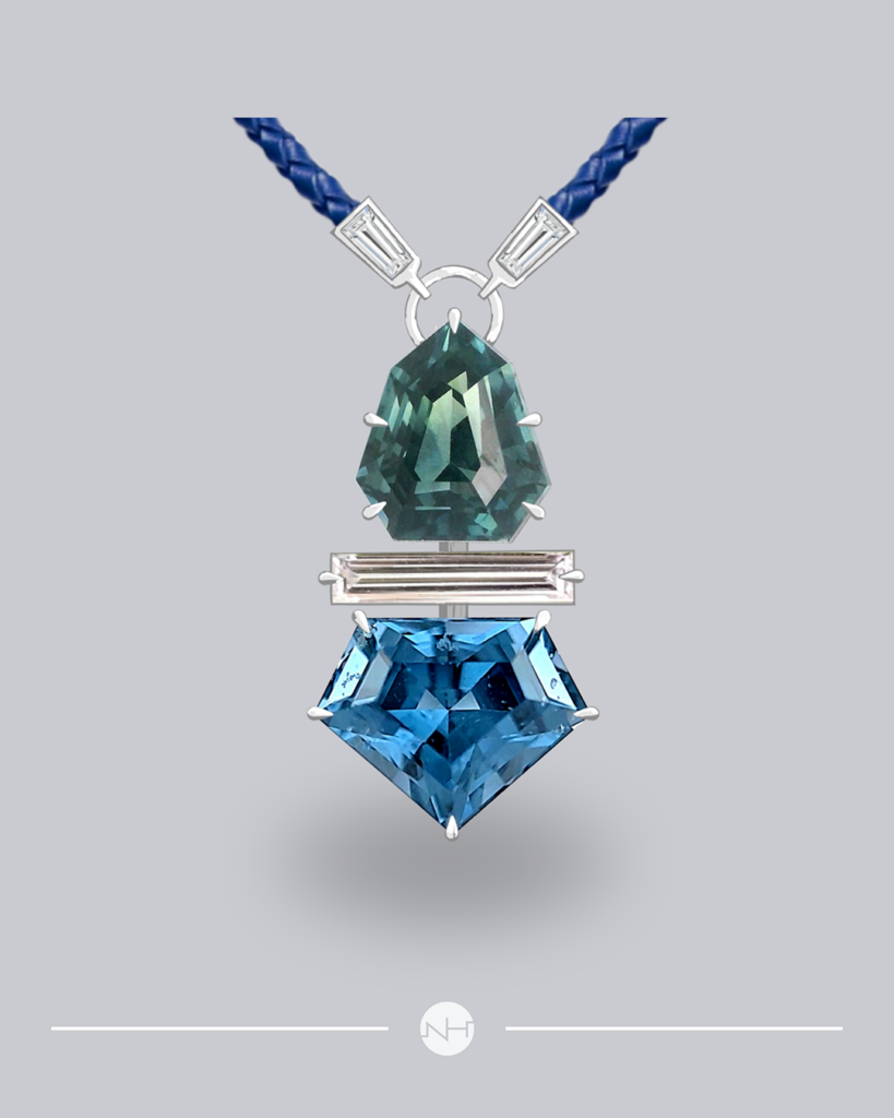 blue green shield cut sapphire and deep blue spinel pendant with baguette diamond accent set in white gold