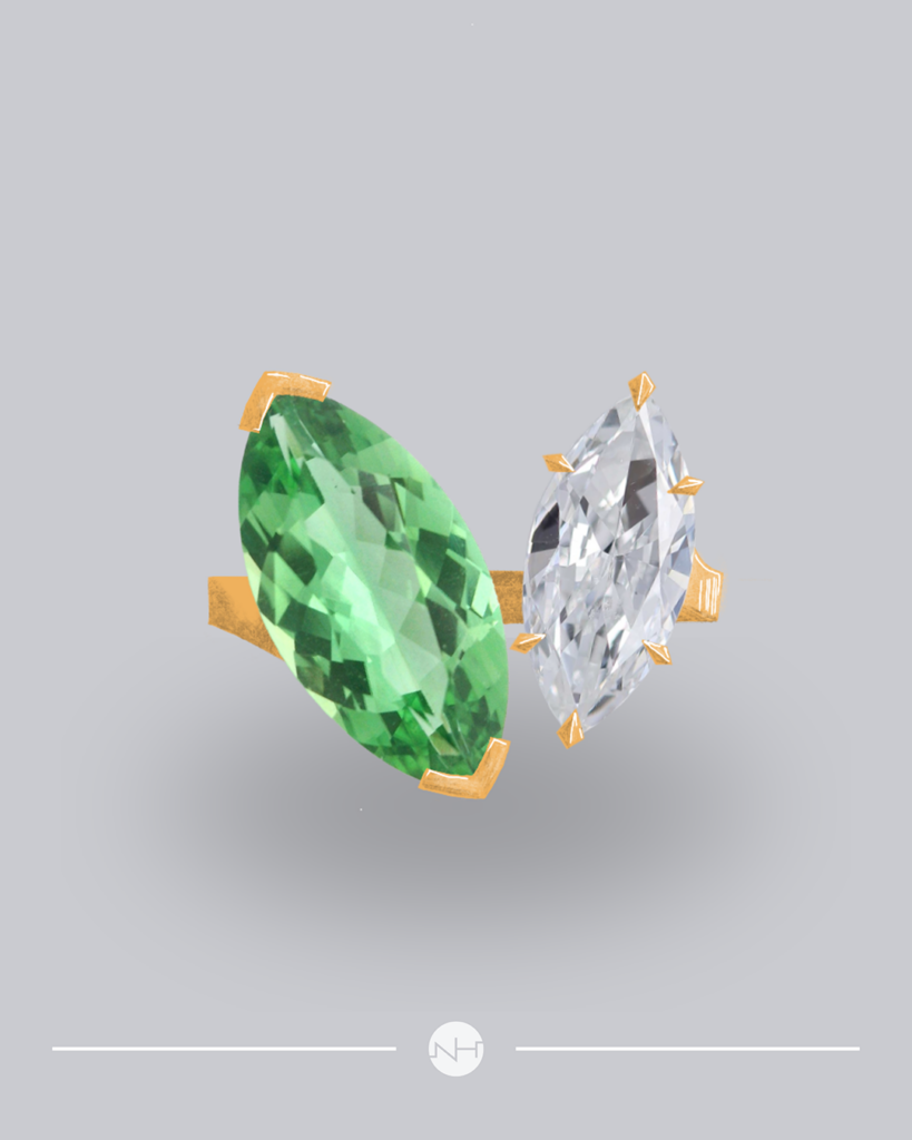 toi et moi ring with marquise diamond and green chrome tourmaline set in yellow gold