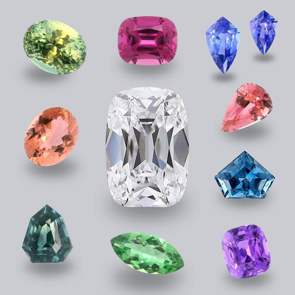 cushion cut diamond surrounded by colored gemstones used in jewelry design compositions for jewelry design strategies